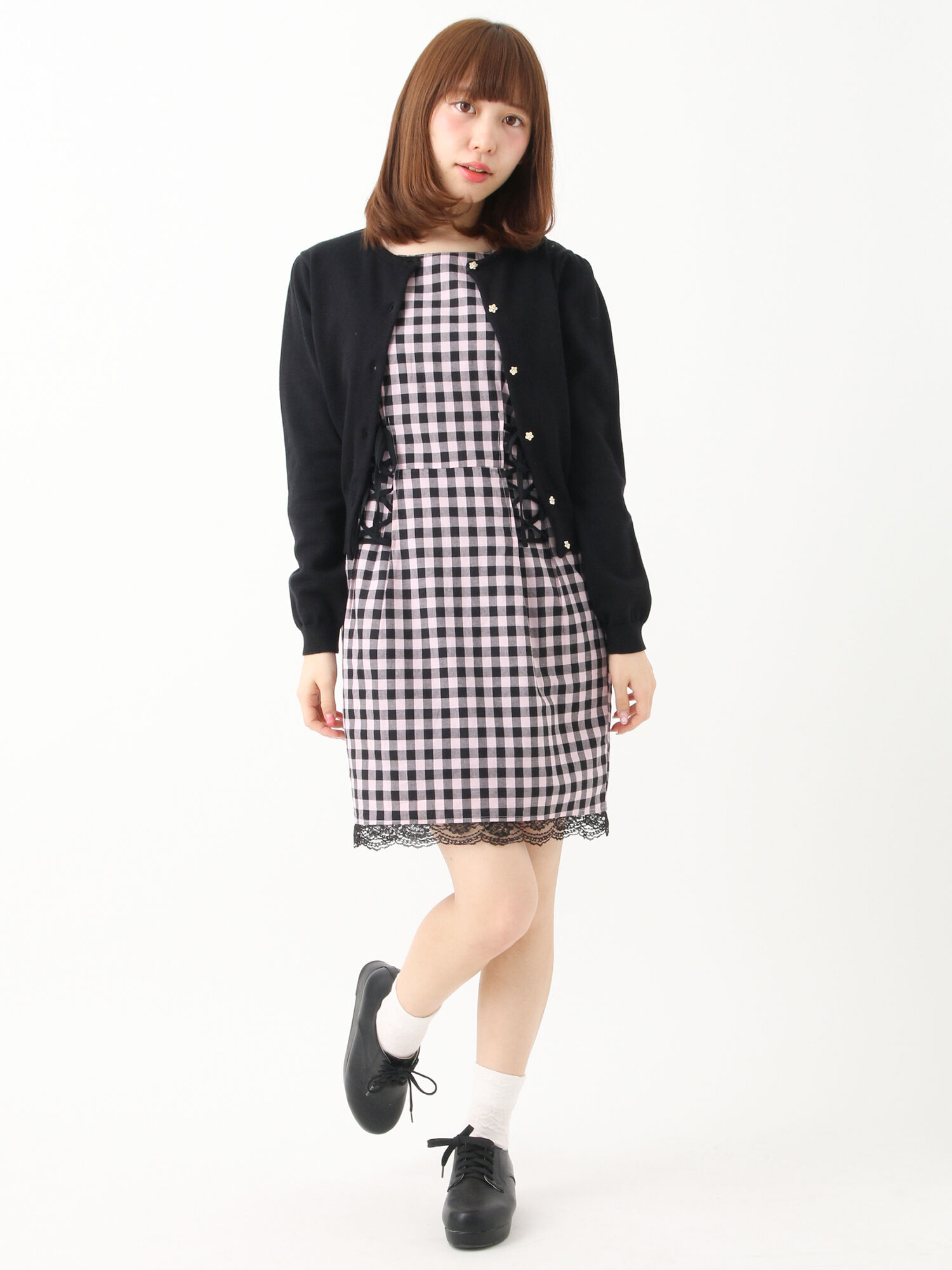 earth music&ecology 【LARMEコラボワンピ】ギンガムチェックレースアップワンピース ￥7,549