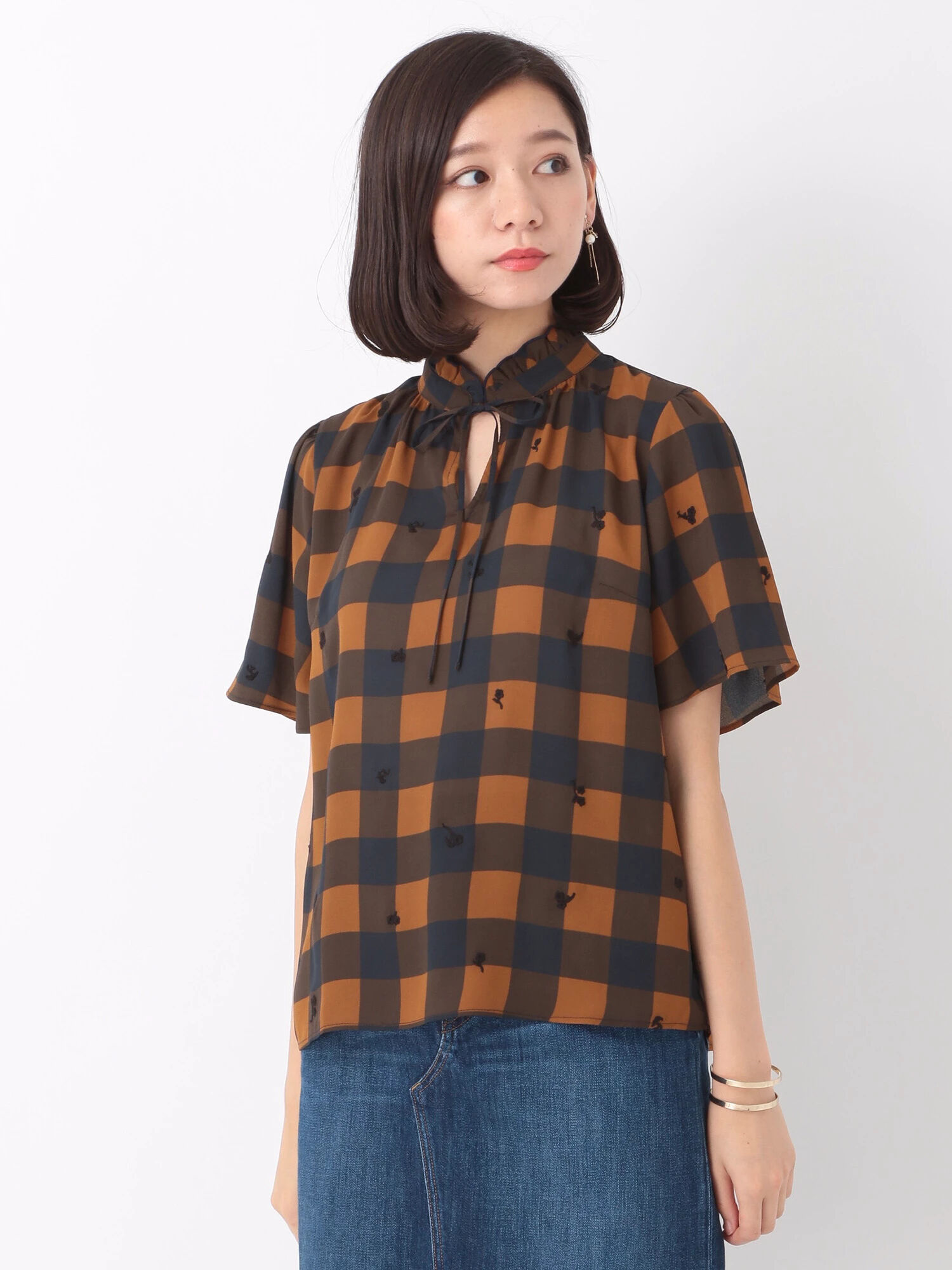 チェック柄刺繍シフォンプルオーバー