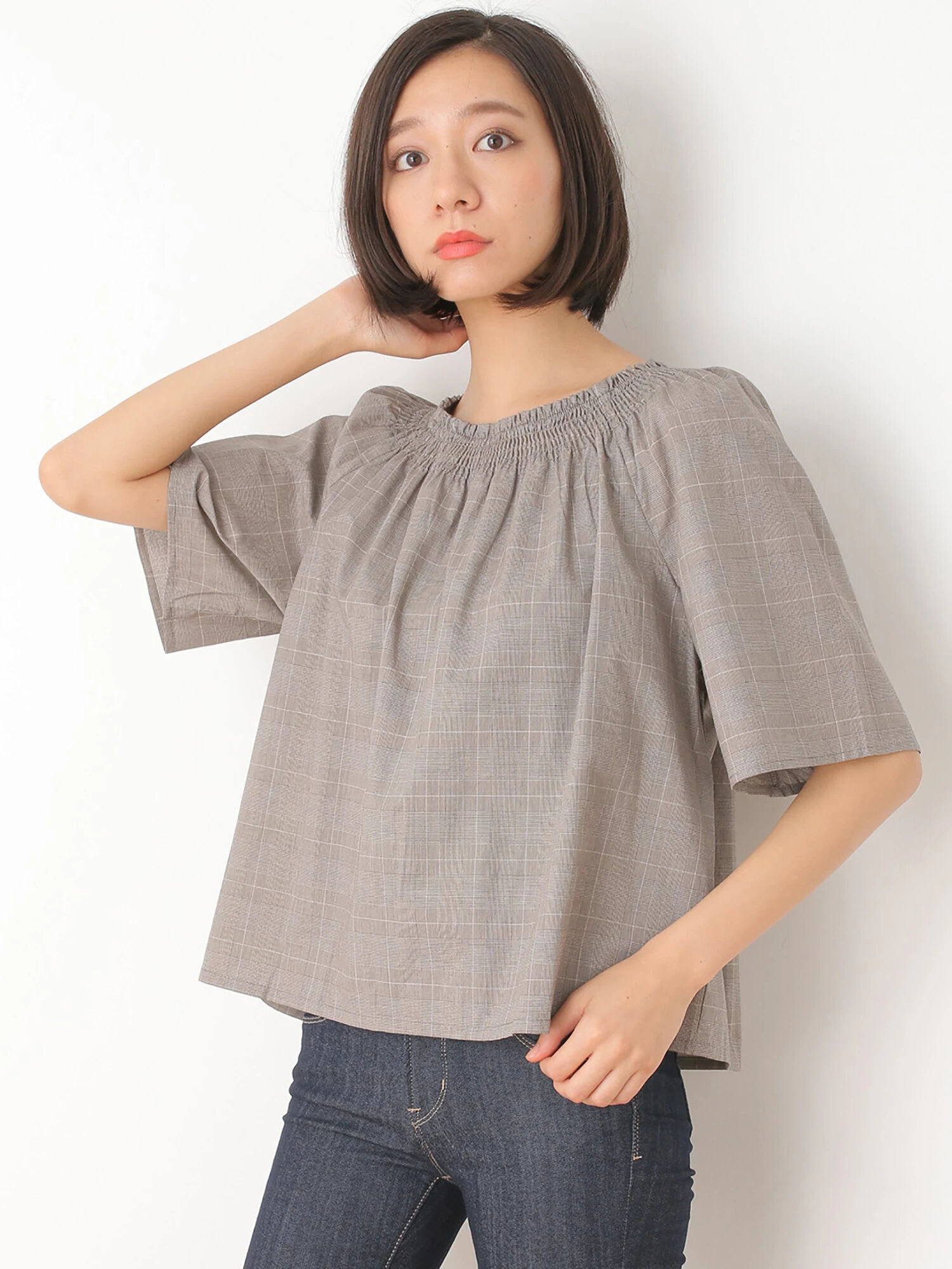 ・グレンチェックブラウス