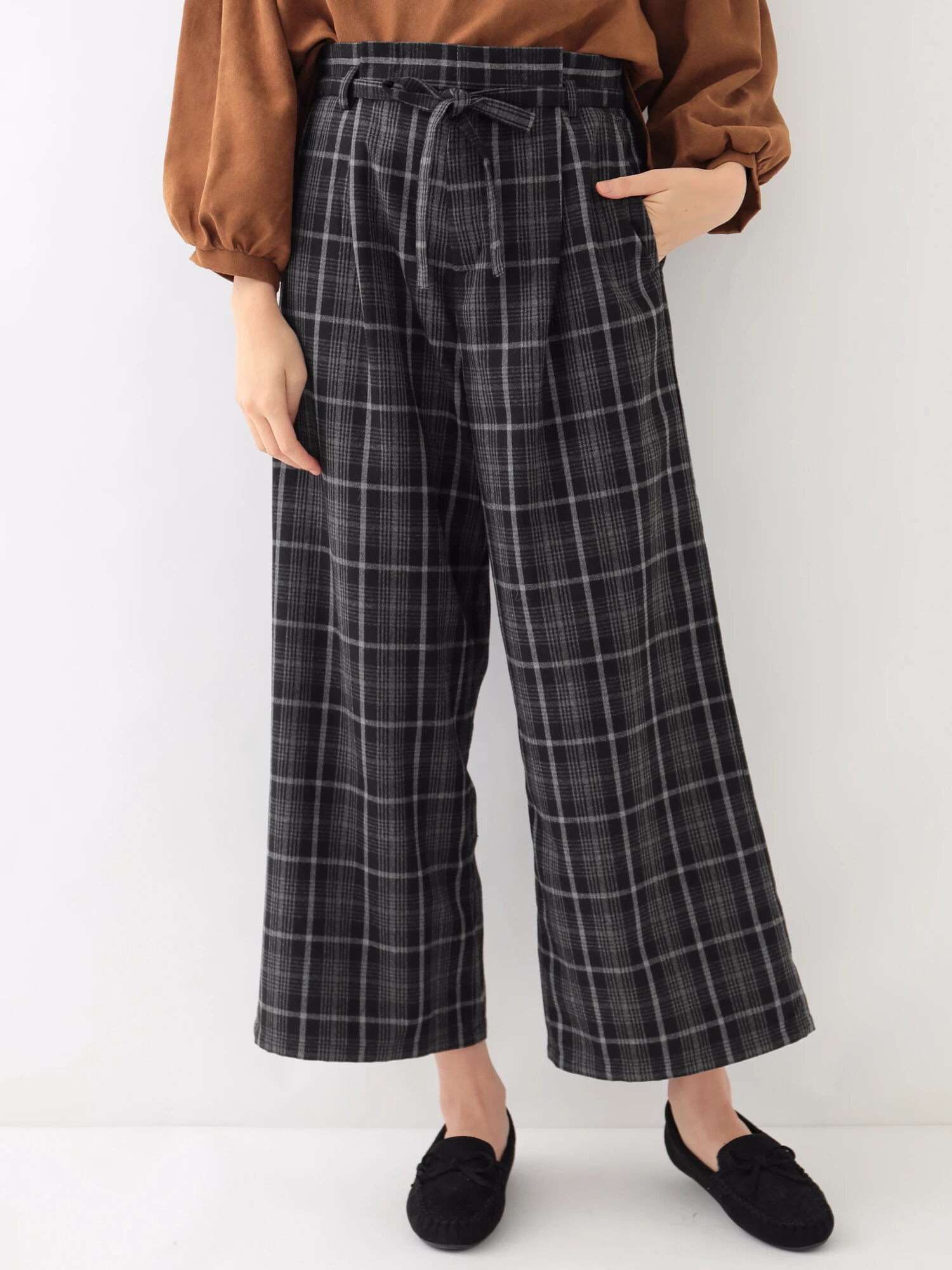 ベルト付チェックワイドパンツ