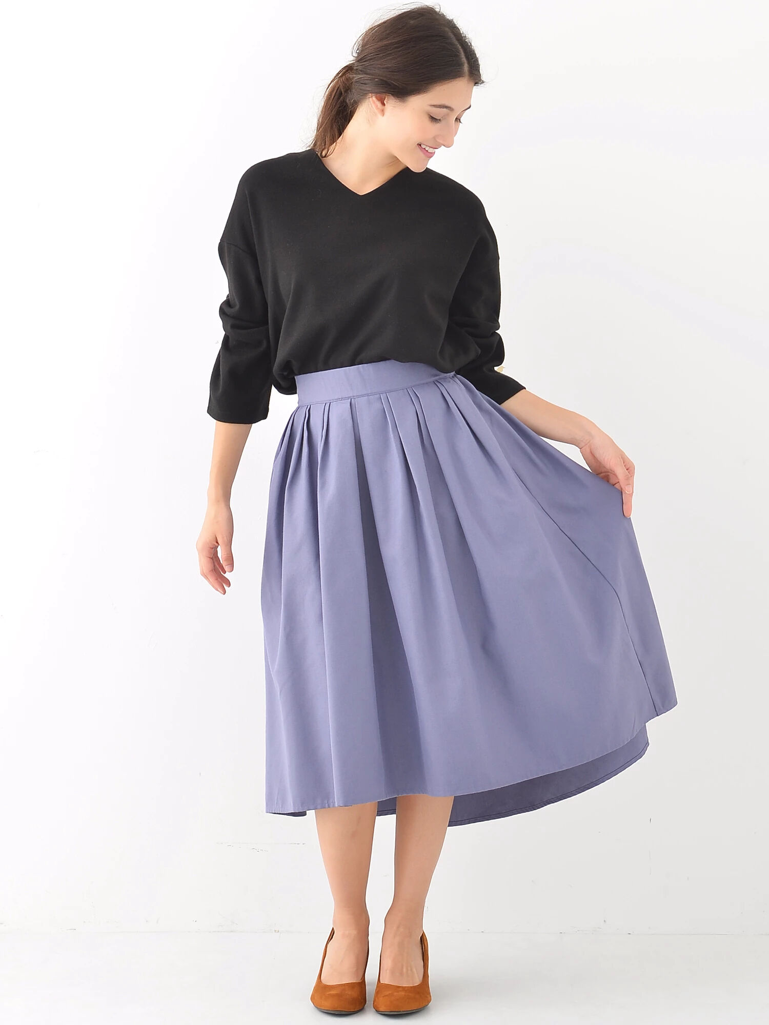 SET2点ウール混ポンチトップス+タックフレアースカート