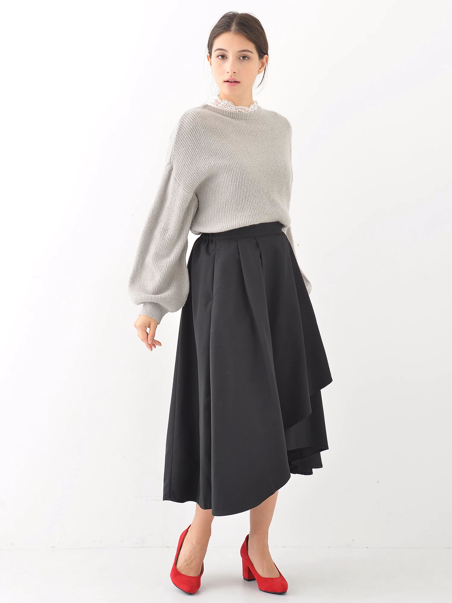 SET3点 畦ニット+レースインナー+スカート