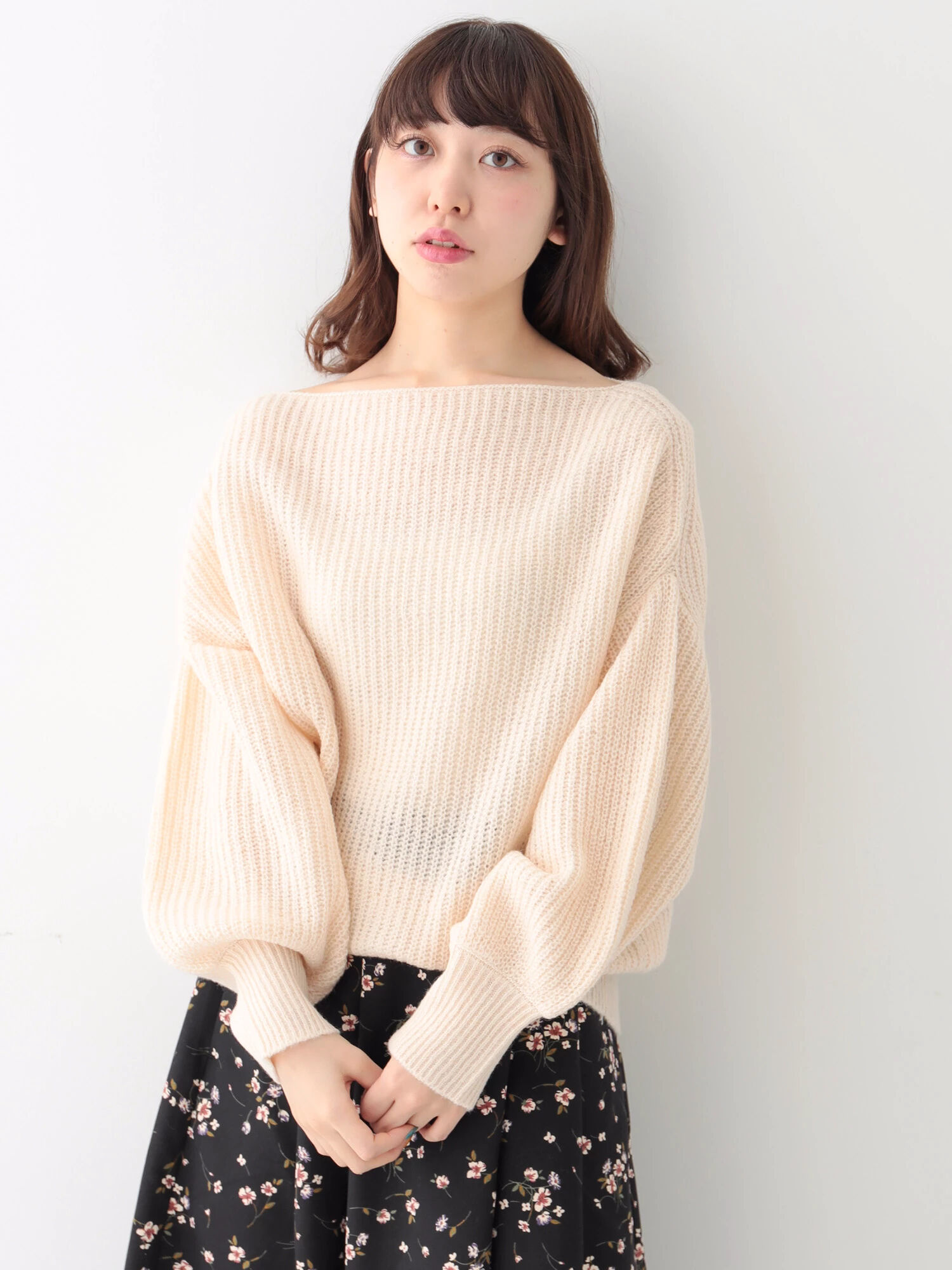 ◎変形ボリューム袖畦ニットプルオーバー