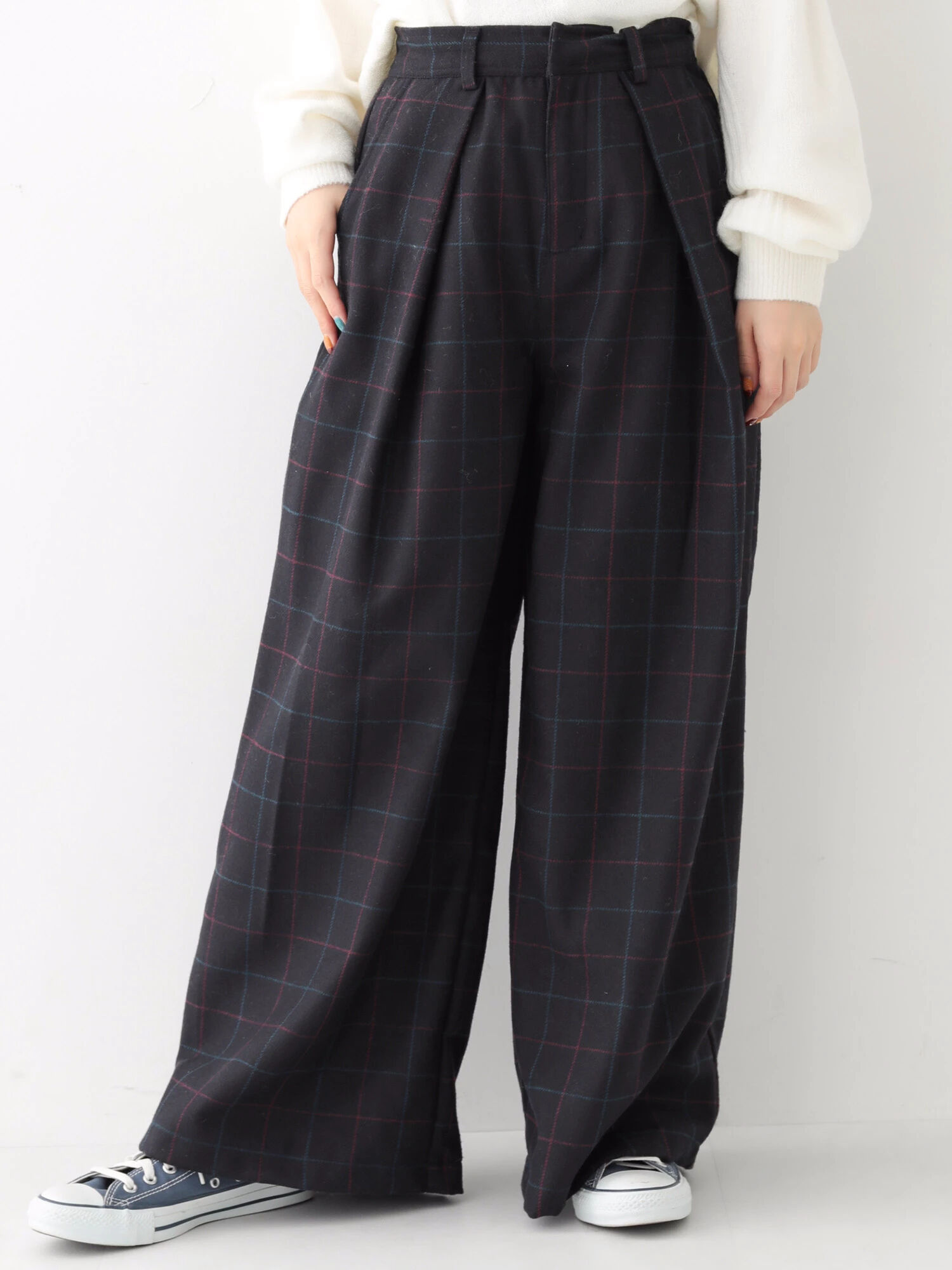 チェックウールワイドパンツ