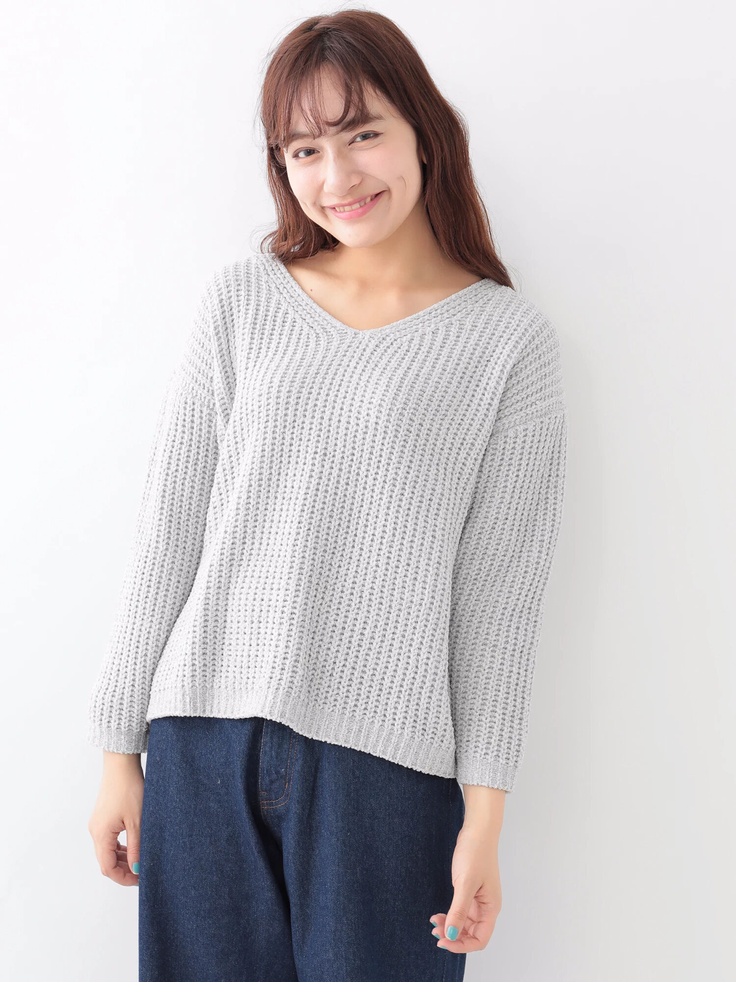 ・モール畦Vネックニットプルオーバー