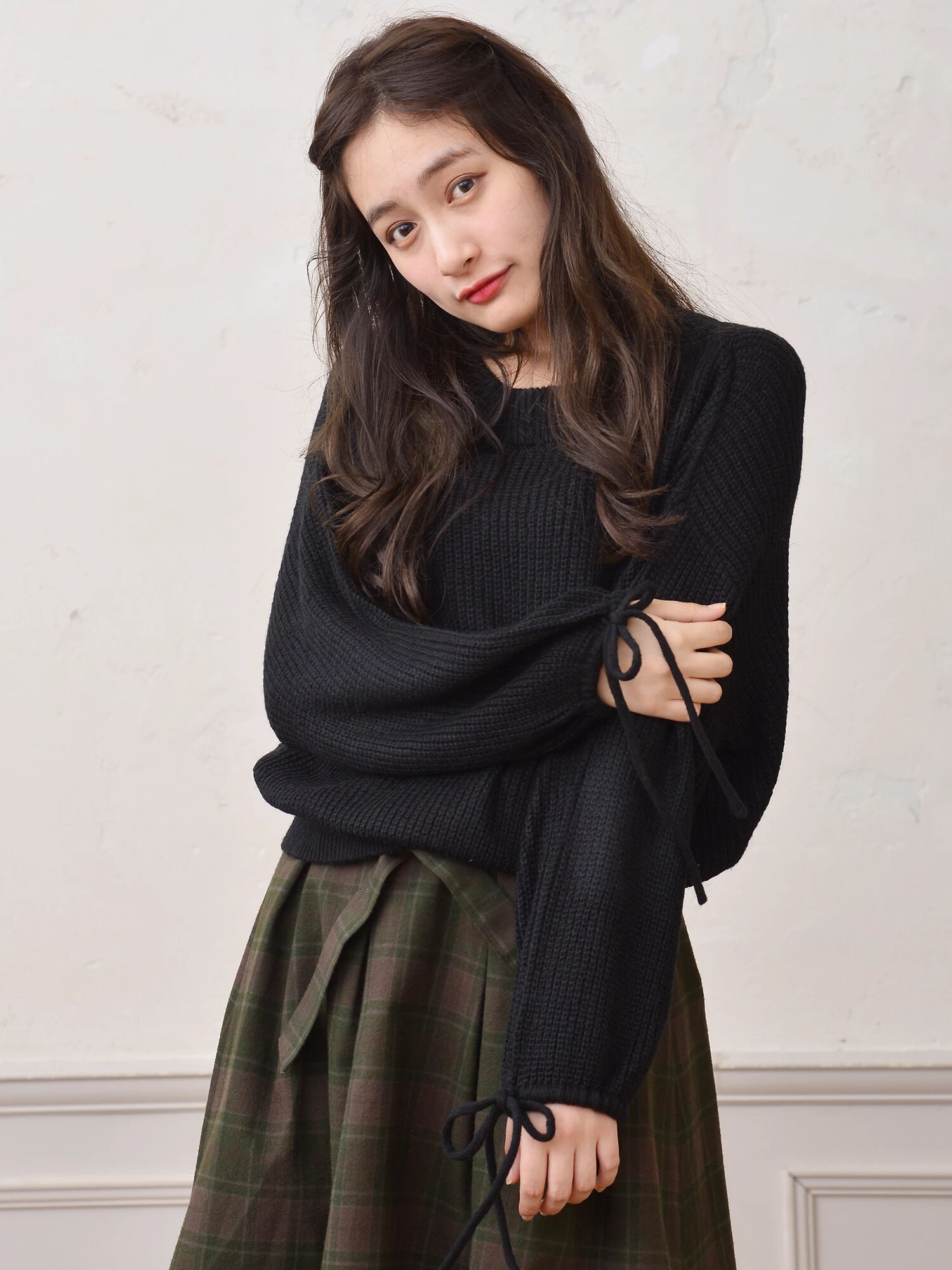 ・片畦袖リボンニットプルオーバー