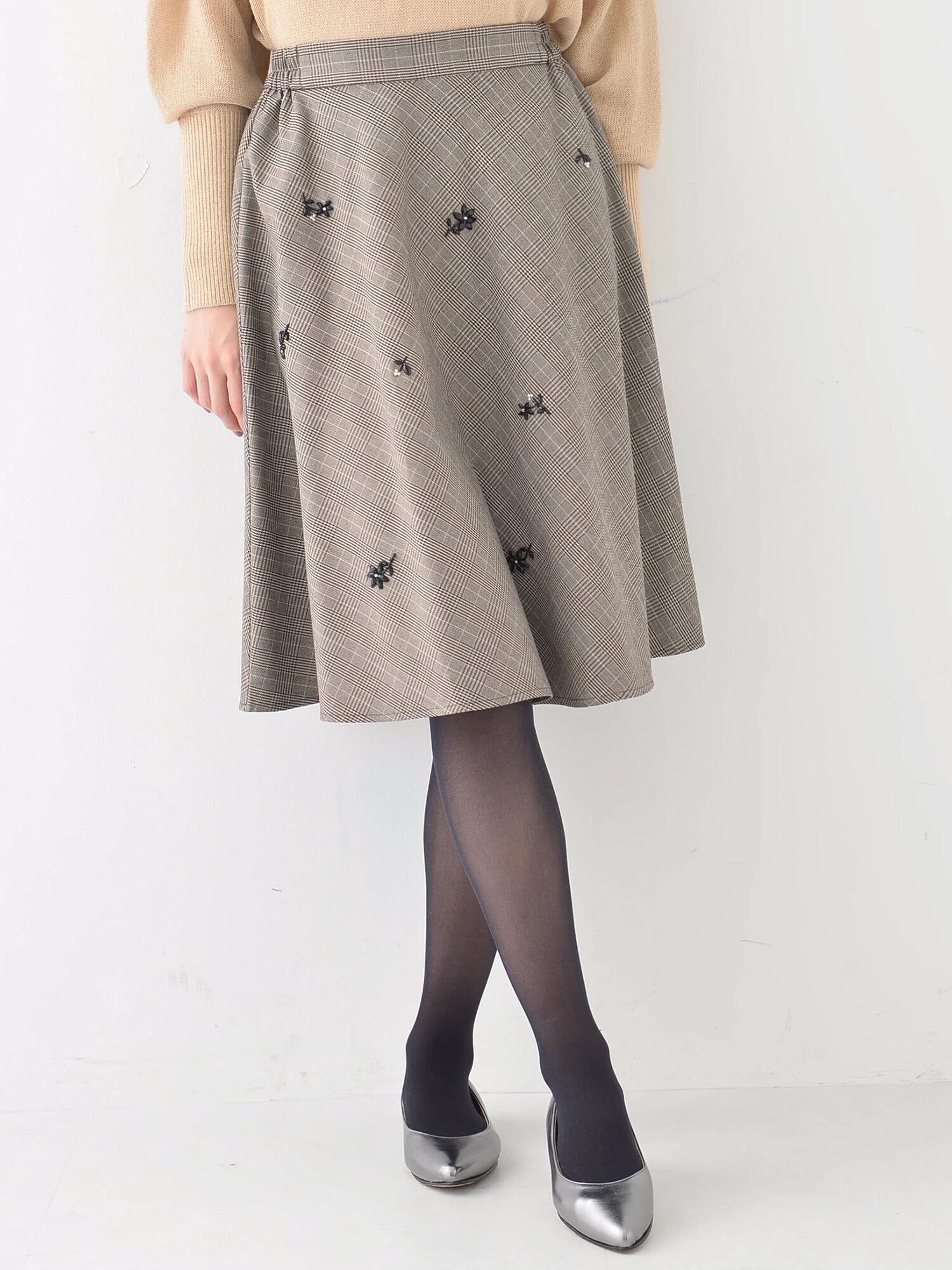 ★チェックビーズ刺繍フレアースカート