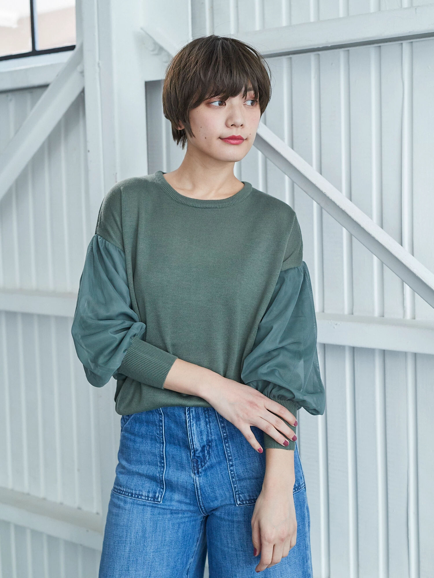 ・チュール袖ニットプルオーバー