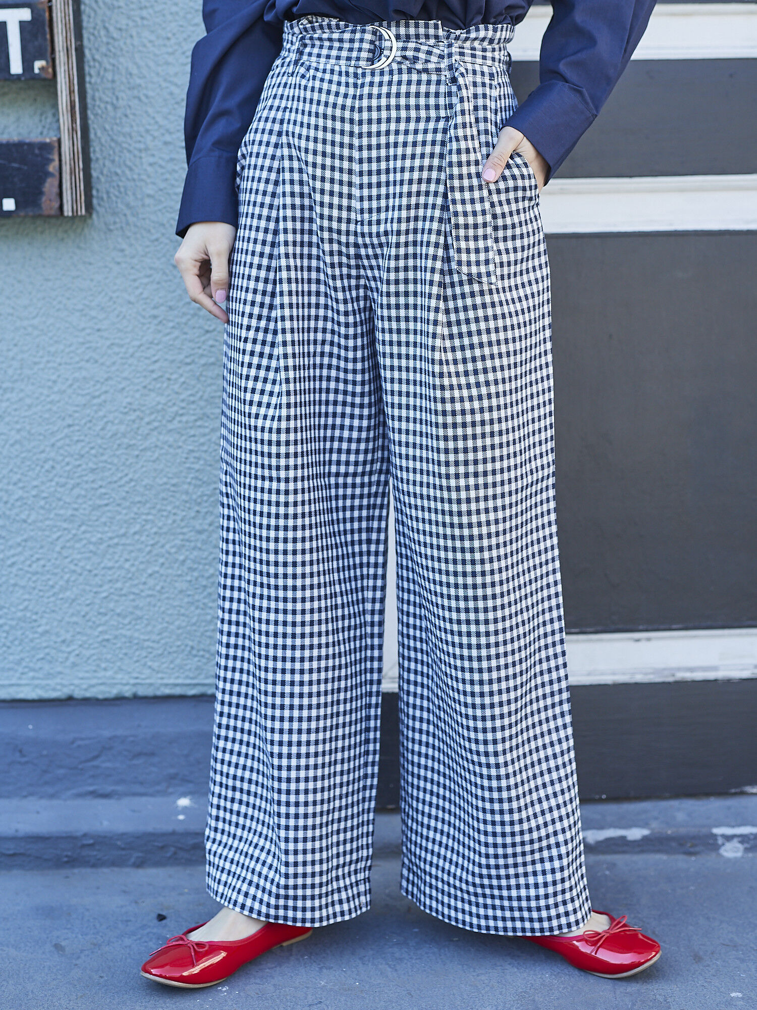 ・ベルト付きギンガムワイドパンツ