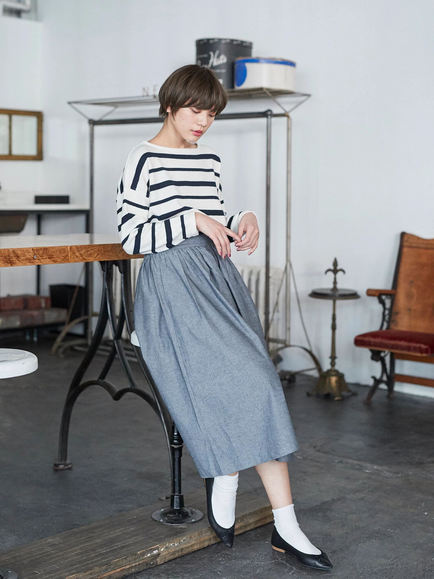 SET2点ボーダーニットプルオーバー+スカーチョ