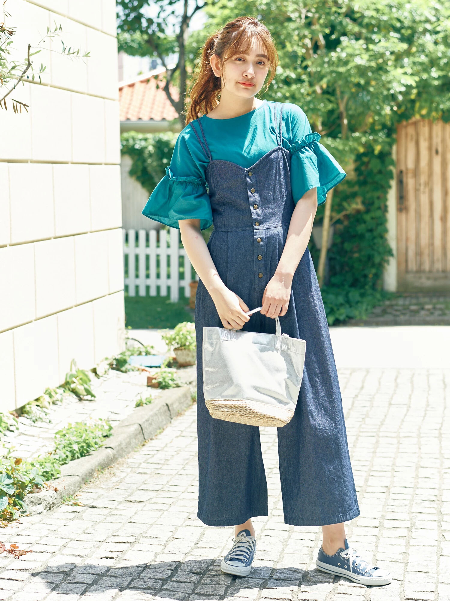 ・前ボタンデニムサロペット