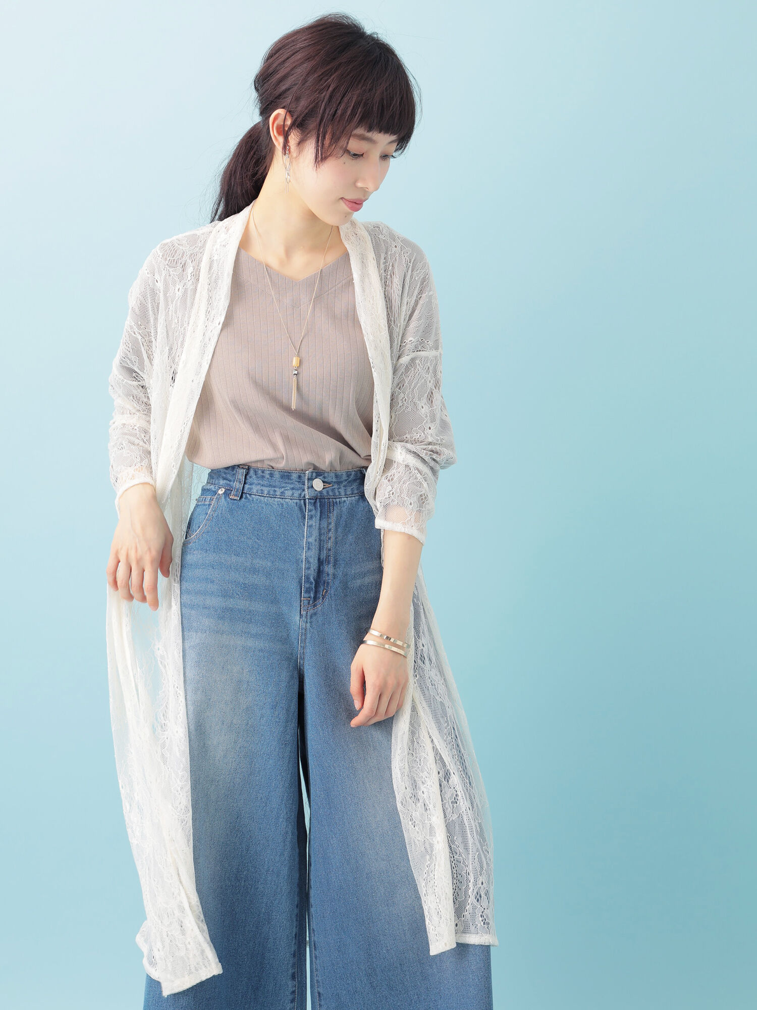 lilninaペイズリー柄レースロングカーディガン