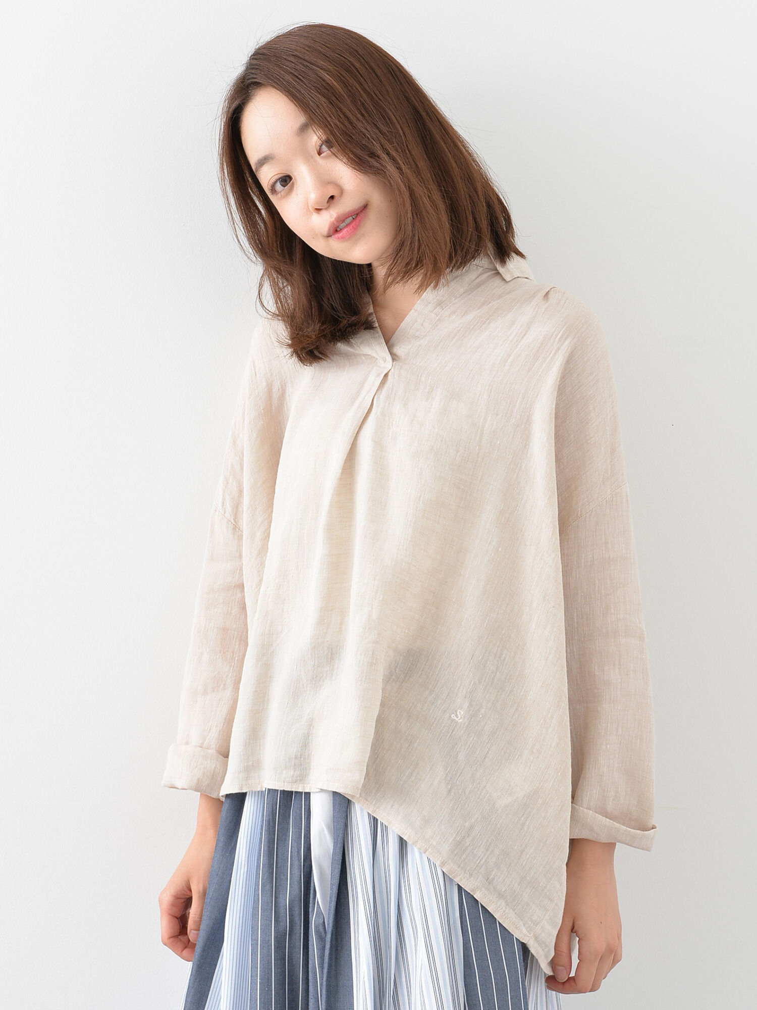 フレンチリネンリヨセル混スキッパーシャツ
