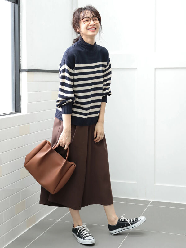 アウトレット Set2点 ボーダーニット ツイルガウチョ アイボリー 杢グレー チャコールグレー ネイビー Earth Music Ecology アースミュージックアンドエコロジー のレディースワンピース hh34 ファッション通販のstripe Club