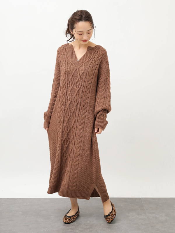 アウトレット ヘンリーネックケーブルニットワンピース アイボリー 杢グレー ブラック モカ Earth Music Ecology アース ミュージックアンドエコロジー のレディースワンピース 1c94l2h00 ファッション通販のstripe Club