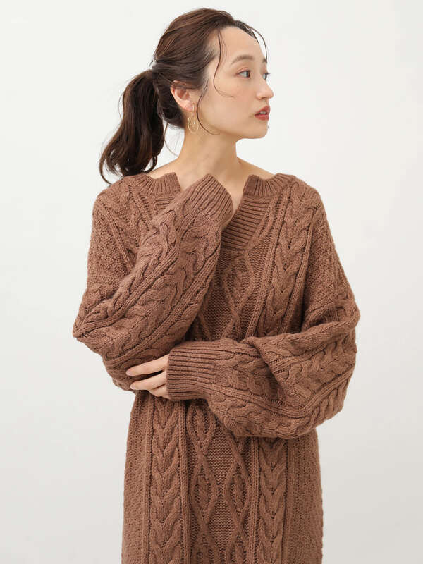 アウトレット ヘンリーネックケーブルニットワンピース アイボリー 杢グレー ブラック モカ Earth Music Ecology アースミュージックアンドエコロジー のレディースワンピース 1c94l2h00 ファッション通販のstripe Club