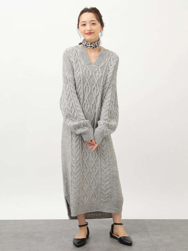 アウトレット ヘンリーネックケーブルニットワンピース アイボリー 杢グレー ブラック モカ Earth Music Ecology アース ミュージックアンドエコロジー のレディースワンピース 1c94l2h00 ファッション通販のstripe Club