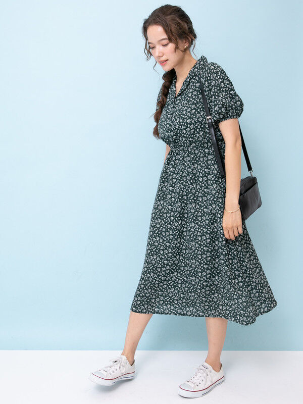 ジョーゼット花柄開襟ワンピース ブラック ボルドー グリーン Earth Music Ecology アースミュージックアンドエコロジー のレディースワンピース 1d93l0h1230 ファッション通販のstripe Club