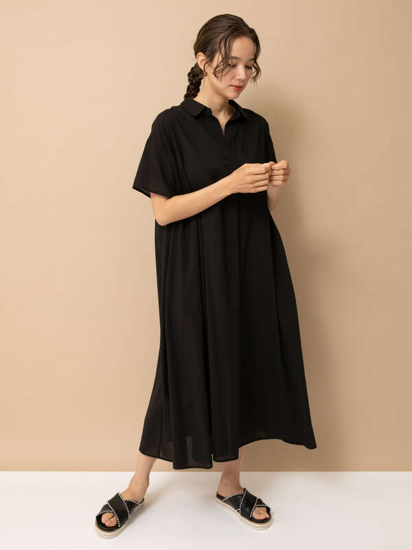 古着 衿付きスキッパーワンピース ブラック ベージュ モカ ダークグリーン Earth Music Ecology アースミュージックアンドエコロジー のレディースワンピース 1c96l0h1600 ファッション通販のstripe Club