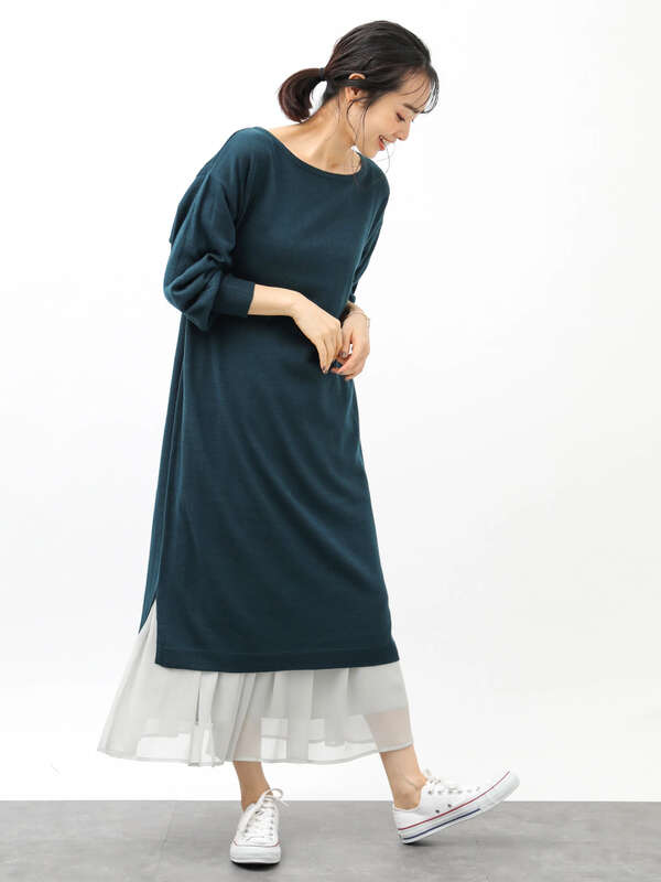デコルテすっきりボートネックニットワンピース 杢グレー ブラック モカ ネイビー ダークグリーン ピンクベージュ Earth Music Ecology アースミュージックアンドエコロジー のレディースワンピース 1c93l2h0500 ファッション通販のstripe Club