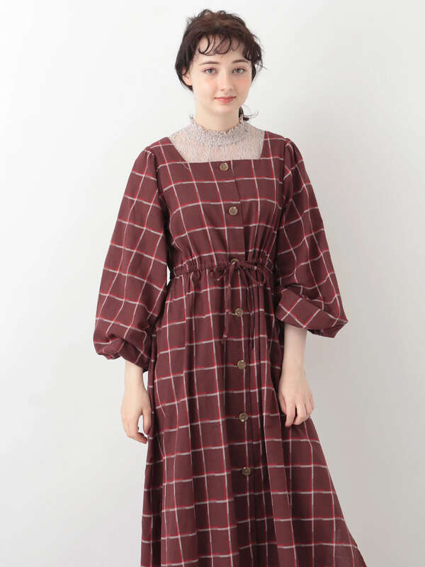 Slr チェックスクエアネックワンピース ボルドー ブラウン Earth Music Ecology アースミュージックアンドエコロジー のレディースワンピース 1p93l0h00 ファッション通販のstripe Club