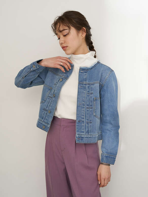 アウトレット Cotton Usaデニムgジャン ノーカラー オフホワイト サックスブルー ミディアムインディゴ Earth Music Ecology アースミュージックアンドエコロジー のレディースジャケット 1c01l0y0100 ファッション通販のstripe Club
