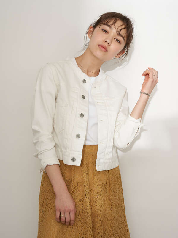 アウトレット Cotton Usaデニムgジャン ノーカラー オフホワイト サックスブルー ミディアムインディゴ Earth Music Ecology アースミュージックアンドエコロジー のレディースジャケット 1c01l0y0100 ファッション通販のstripe Club