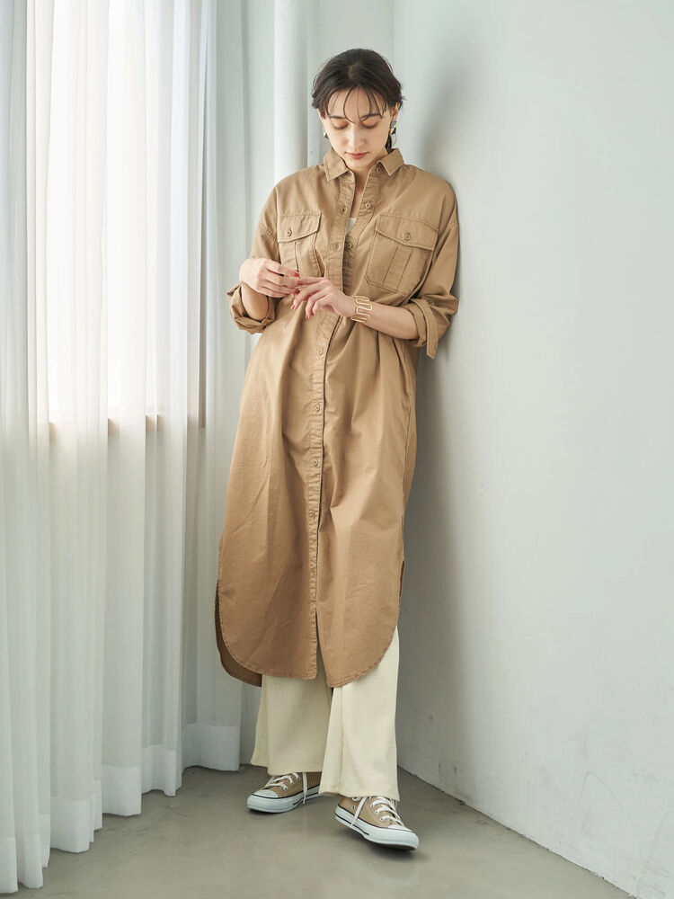 アウトレット Cotton Usaミリタリーシャツワンピース ベージュ カーキ Earth Music Ecology アースミュージックアンドエコロジー のレディースワンピース 1c03l0h0100 ファッション通販のstripe Club