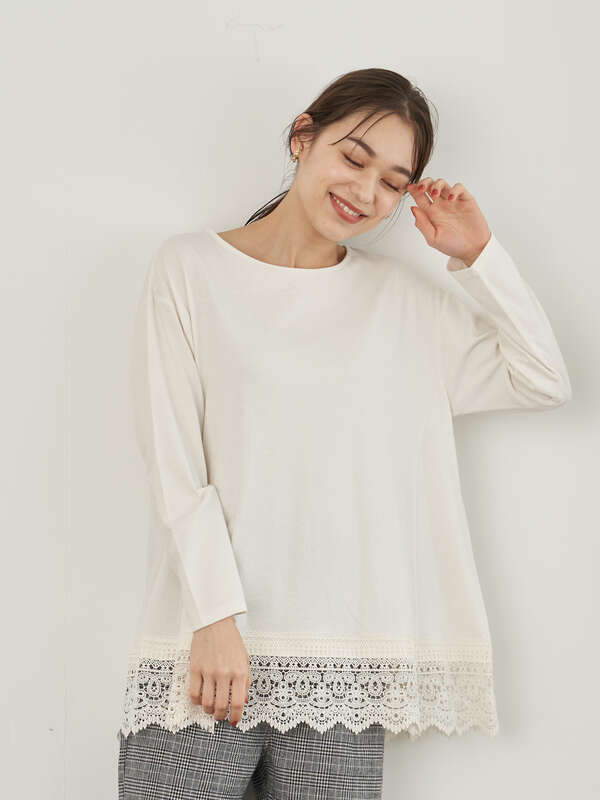 アウトレット オーガニックコットン裾レースチュニック アイボリー ブラック グレーベージュ サックスブルー Earth Music Ecology アースミュージックアンドエコロジー のレディースカットソー 1c04l1c0100 ファッション通販のstripe Club