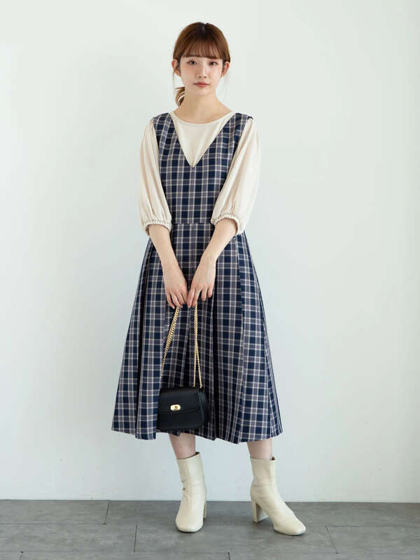 アウトレット チェックジャンスカ アイボリー ベージュ ネイビー Earth Music Ecology アースミュージックアンドエコロジー のレディースワンピース 1b11l0h0500 ファッション通販のstripe Club