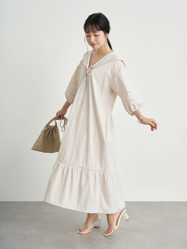 Web限定 セーラーカラーボリュームワンピース オフホワイト ネイビー ストライプ Earth Music Ecology アースミュージックアンドエコロジー のレディースワンピース Ba13l0h0230 ファッション通販のstripe Club