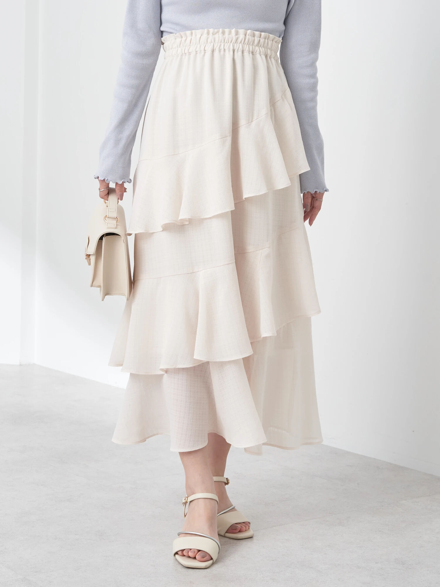 アシメラッフル段々スカート（アイボリー/グレーベージュ/ミント  