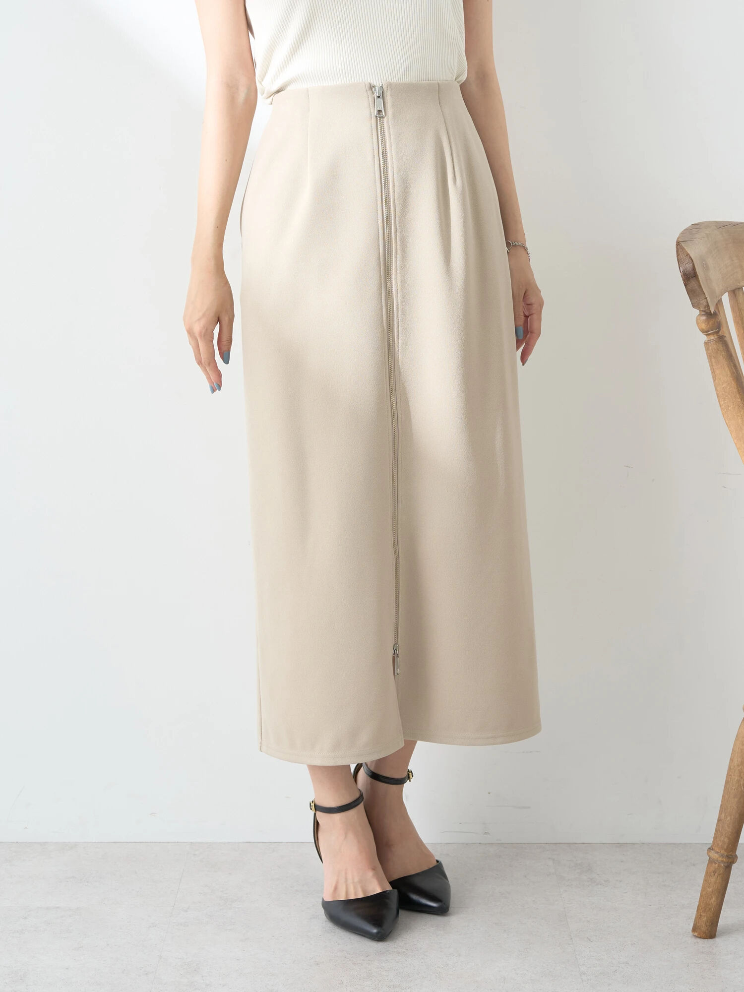 Zipスカート（グレー/ブラック/ライトベージュ） / earth  