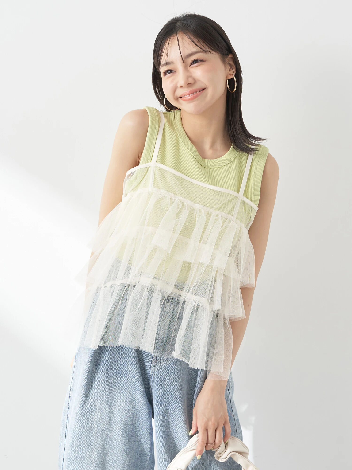 チュールティアードフリルキャミソール（アイボリー/ピンクオレンジ  