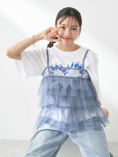 チュールティアードフリルキャミソール（アイボリー/ピンクオレンジ  