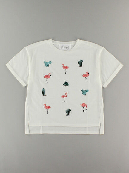 E hyphen world gallery(イーハイフンワールドギャラリー) |フラミンゴ&サボテン刺繍Tシャツ(オフホワイト)