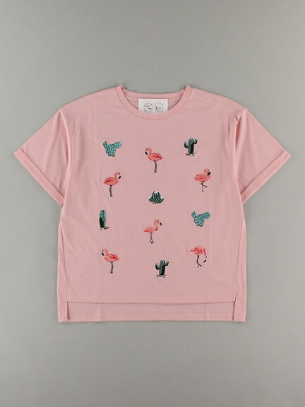 E hyphen world gallery(イーハイフンワールドギャラリー) |フラミンゴ&サボテン刺繍Tシャツ(ピンク)