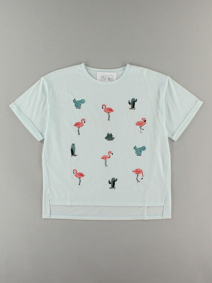 E hyphen world gallery(イーハイフンワールドギャラリー) |フラミンゴ&サボテン刺繍Tシャツ(ミント)