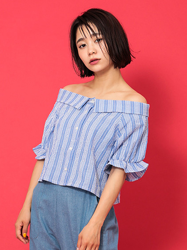 アウトレット オフショルパフスリーブブラウス オフホワイト レッド ブルー E Hyphen World Gallery イーハイフンワールドギャラリー のレディースシャツ ブラウス 172a232 ファッション通販のstripe Club
