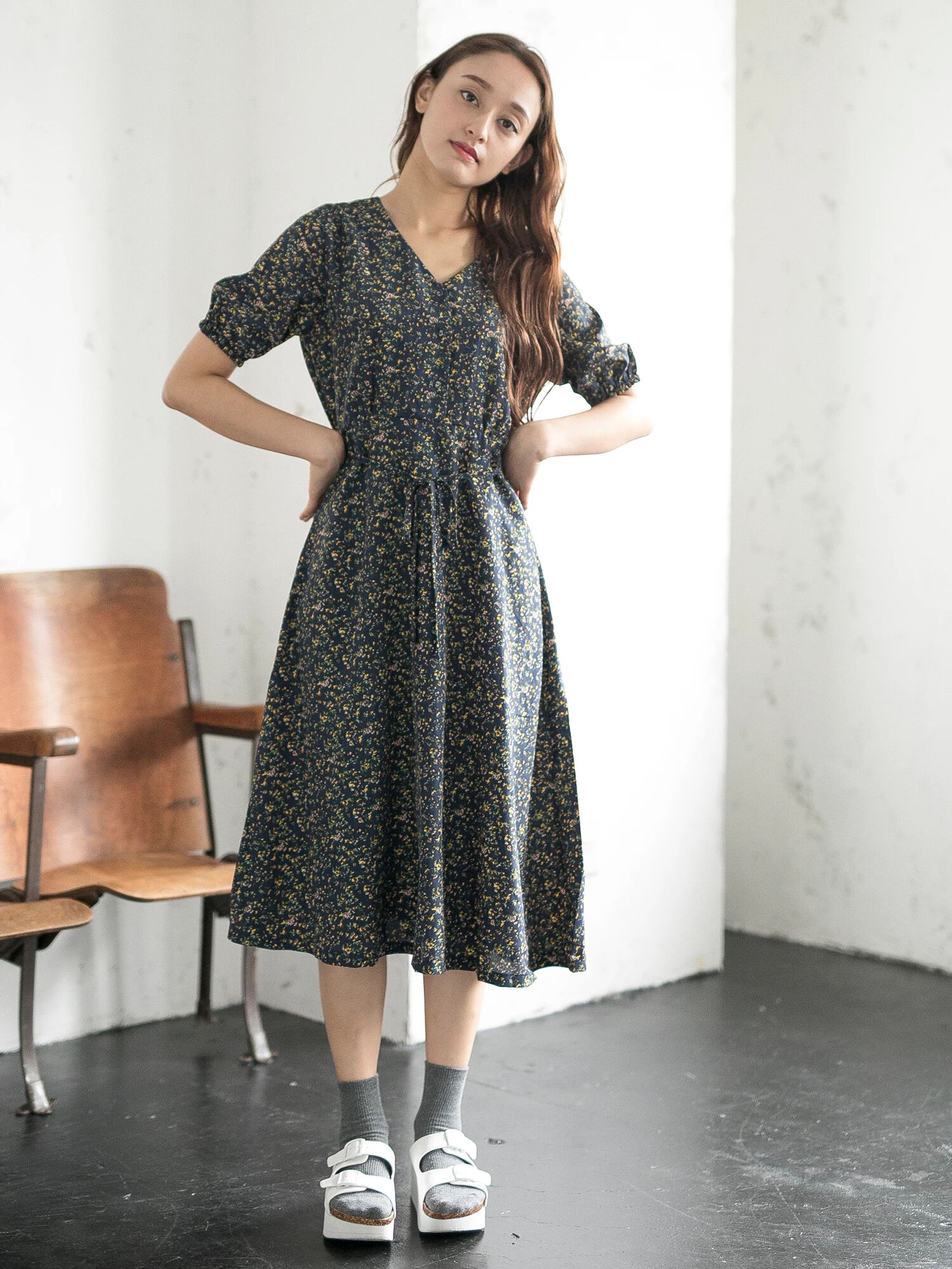 used clothing  メッシュワンピース 花柄 ネイビーワンピース