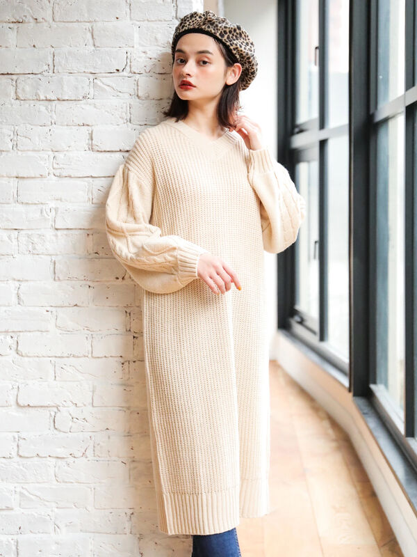 アウトレット Vネック袖ケーブルロングワンピース ダークグレー ブラック ベージュ エクリュ E Hyphen World Gallery イーハイフンワールドギャラリー のレディースワンピース 2b01l2h0230 ファッション通販のstripe Club