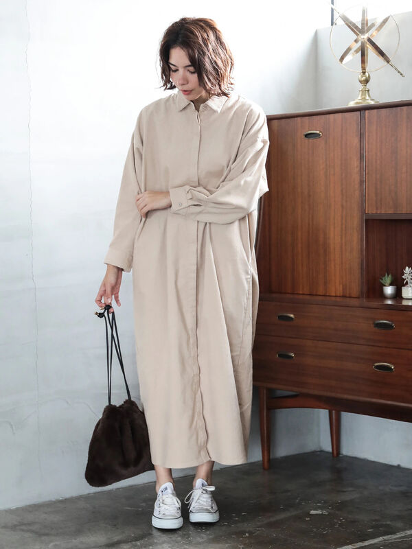 アウトレット 古着 コーディロイビッグシルエットシャツワンピース ライトベージュ ベージュ イエロー キャメル ネイビー Sevendays Sunday セブンデイズ サンデイ のレディースワンピース h ファッション通販のstripe Club