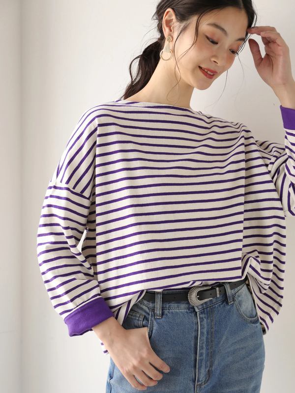 ドロップショルダーボーダープルオーバー アイボリー レッド キャメル ネイビー パープル Green Parks グリーンパークス の レディースカットソー 6a93l1c0740 ファッション通販のstripe Club