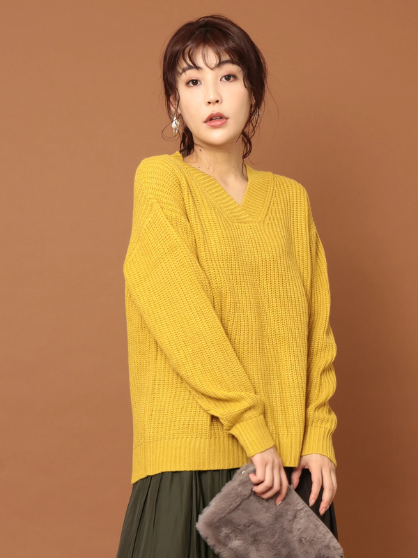 アウトレット 太vネック畦編みニットプルオーバー アイボリー ブラック イエロー Green Parks グリーンパークス のレディースニット セーター 6a97l2c00 ファッション通販のstripe Club