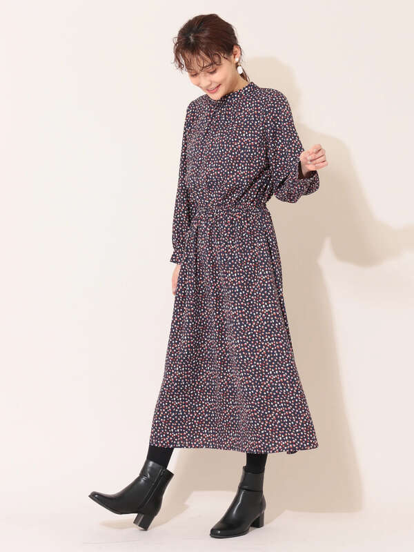 アウトレット 小花柄スタンドカラーワンピース グレー ベージュ ネイビー Green Parks グリーンパークス のレディースワンピース 6a97l0h0400 ファッション通販のstripe Club