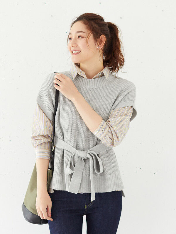 ベルト付きニットベスト ライトグレー ベージュ Green Parks グリーンパークス のレディースベスト 6a01l2x0100 ファッション通販のstripe Club