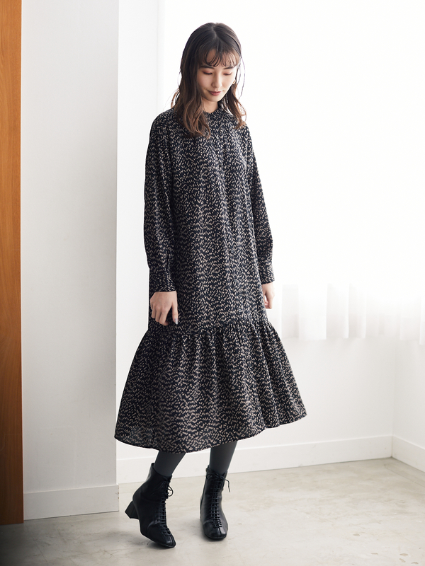 Sugar Spoon バンドカラーパターンワンピ ブラック グレーベージュ ブラウン Green Parks グリーンパークス のレディース ワンピース 6p07l0h0400 ファッション通販のstripe Club