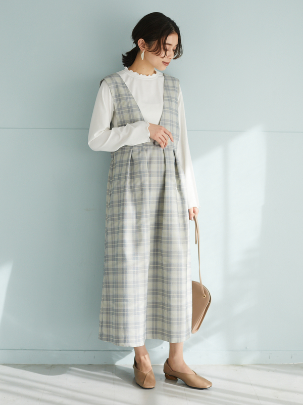 Web限定 2点セットツイルジャンスカ ハイネックリブインナー ブラック チェック Green Parks グリーンパークス のレディースワンピース 15l0h0100 ファッション通販のstripe Club