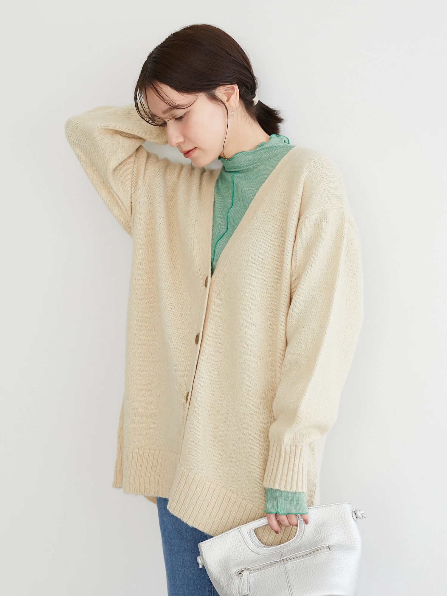 即完売☆MOUSSY grass knitカーディガン☆モコモコカーデグリーン