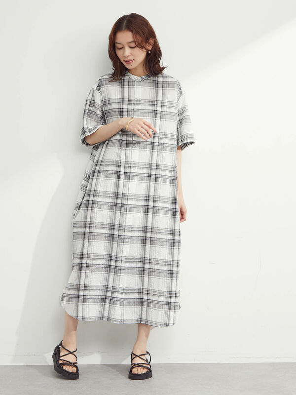 古着 バンドカラー半袖シャツワンピース ホワイト サックスブルー ストライプ チェック Green Parks グリーンパークス のレディース ワンピース 6a26l0h0900 ファッション通販のstripe Club